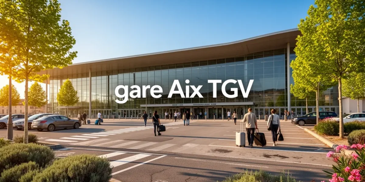 Gare Aix TGV extérieure avec parvis parking et voyageurs