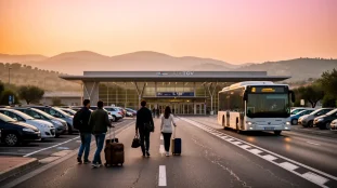 Vue gare Aix TGV au lever du jour avec navette et parking