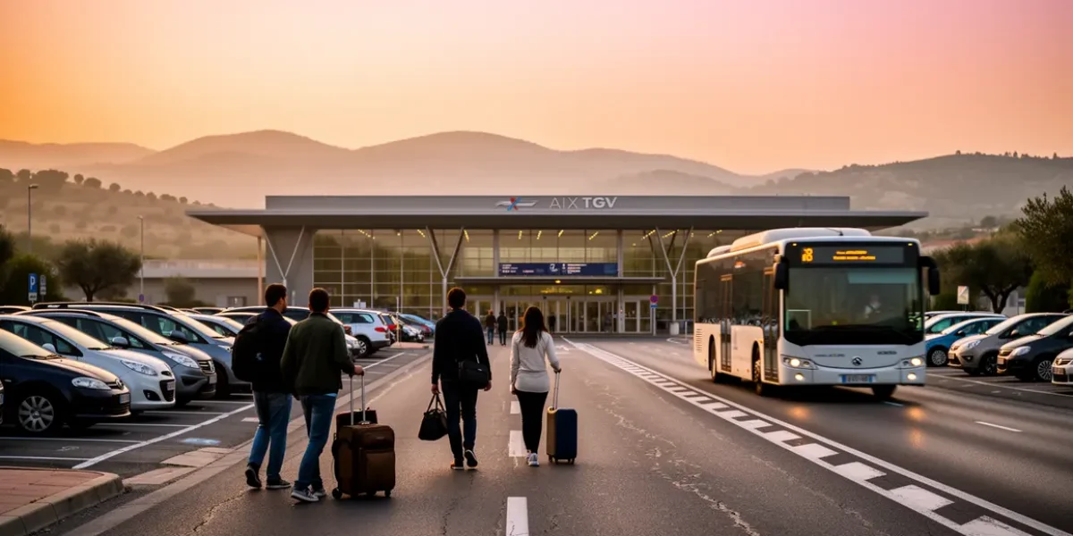 Vue gare Aix TGV au lever du jour avec navette et parking