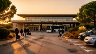 Vue extérieure gare Aix TGV lever du soleil voyageurs parking navette