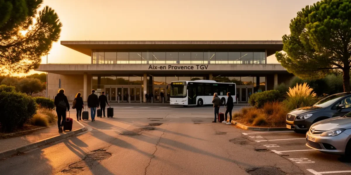 Vue extérieure gare Aix TGV lever du soleil voyageurs parking navette