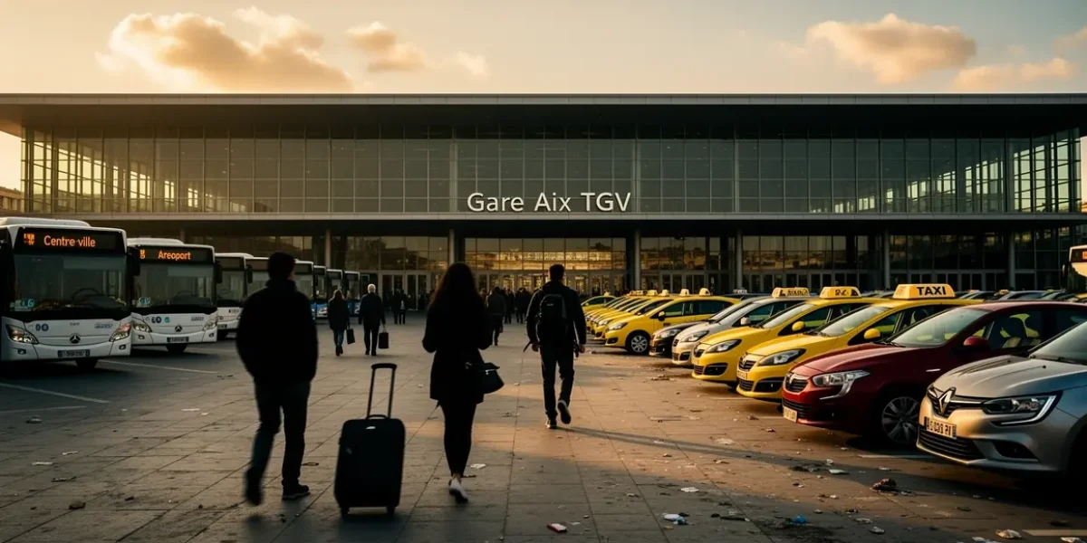 Vue exterieur gare Aix TGV bus taxis voyageurs