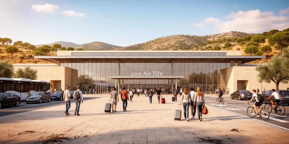 Photo gare Aix TGV avec voyageurs bus taxis voitures cyclistes