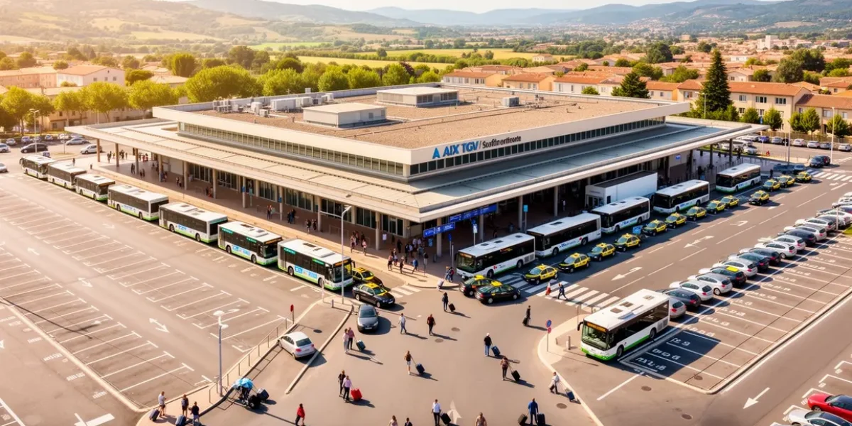 Vue aérienne gare Aix TGV parkings navettes ambiance provençale