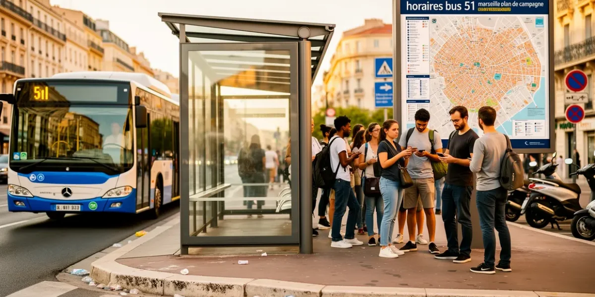 Arrêt de bus Marseille bus 51 passagers en file ambiance dynamique