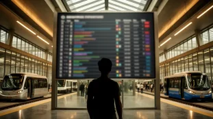 voyageur devant tableau horaires de navette