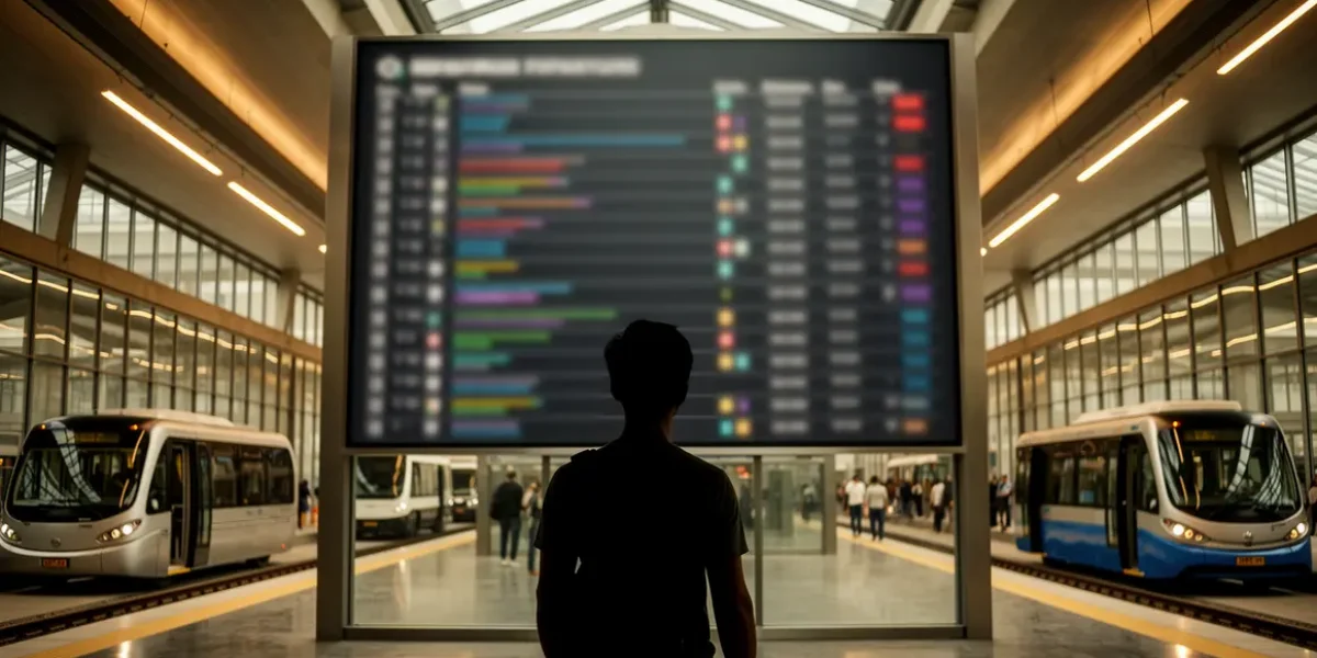 voyageur devant tableau horaires de navette