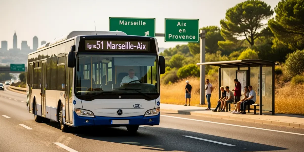 Bus moderne ligne 51 Marseille Aix sur route, arrêts usagers