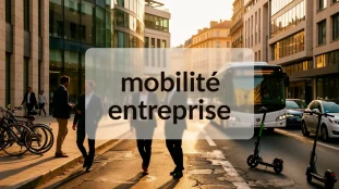 Scène mobilité entreprise Aix Marseille avec vélos, voitures, bus