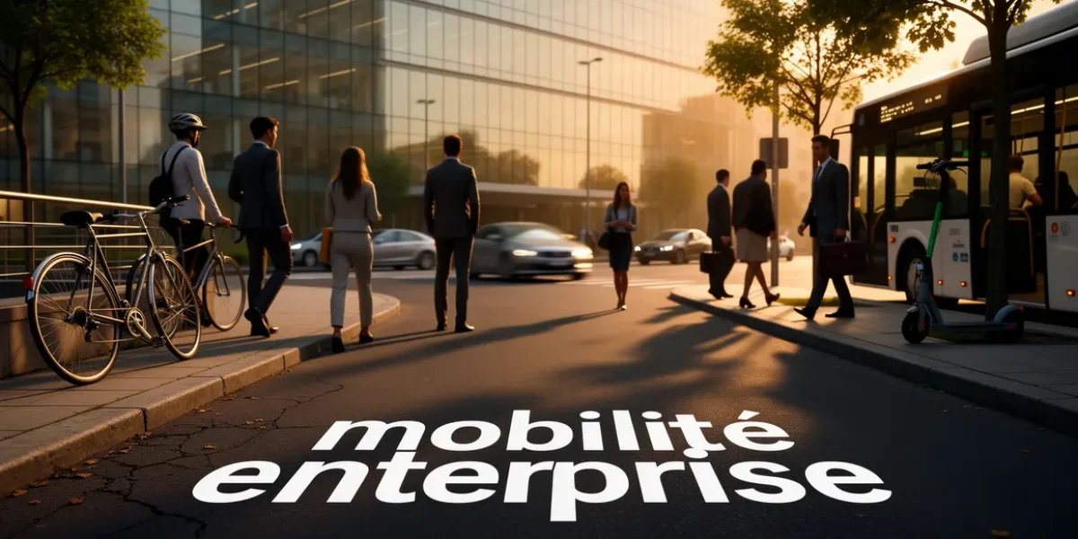 Mobilite entreprise avec modes transports devant bureau