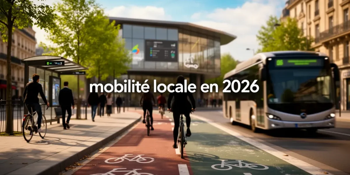 Scène urbaine mobilité locale 2026 France piétons vélos bus électrique