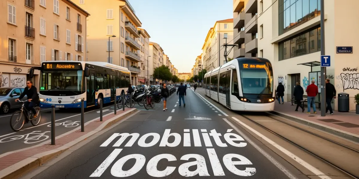 Vue mobilité locale Aix Marseille avec routes bus tram vélo piétons