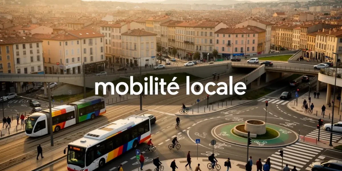 Scène mobilité locale Aix Marseille avec bus, tram, vélos et voitures