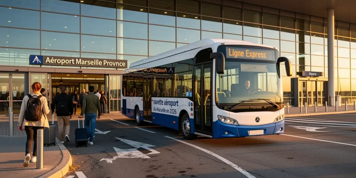 Navette Aix Marseille devant aéroport matin 2026