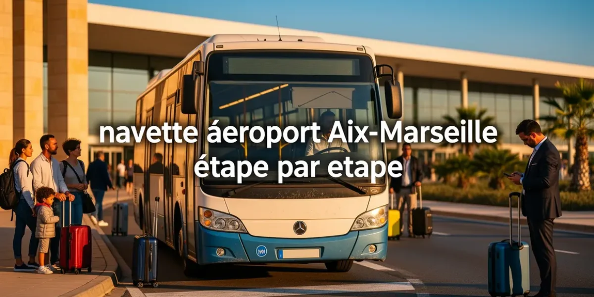 Navette aéroport Aix-Marseille devant terminal, voyageurs, valises