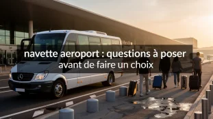 Navette aeroport devant Aix-Marseille, voyageurs valises, lever du jour
