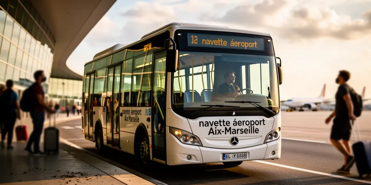 navette aeroport Aix-Marseille moderne et voyageurs bags