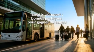 navette aeroport devant terminal voyageurs matin ambiance urbaine