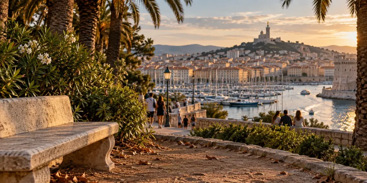 Parc à marseille : vue au Pharo, allée bordée de palmiers, Vieux-Port