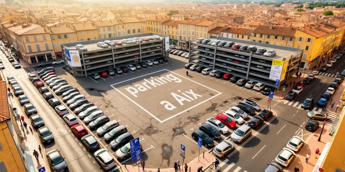 Vue aérienne centre ville avec parkings et panneaux parking à Aix