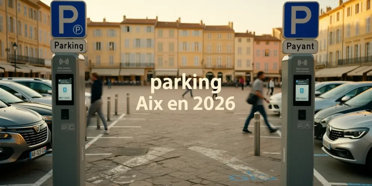 Vue photoréaliste parking Aix 2026, panneaux modernes, bornes paiement
