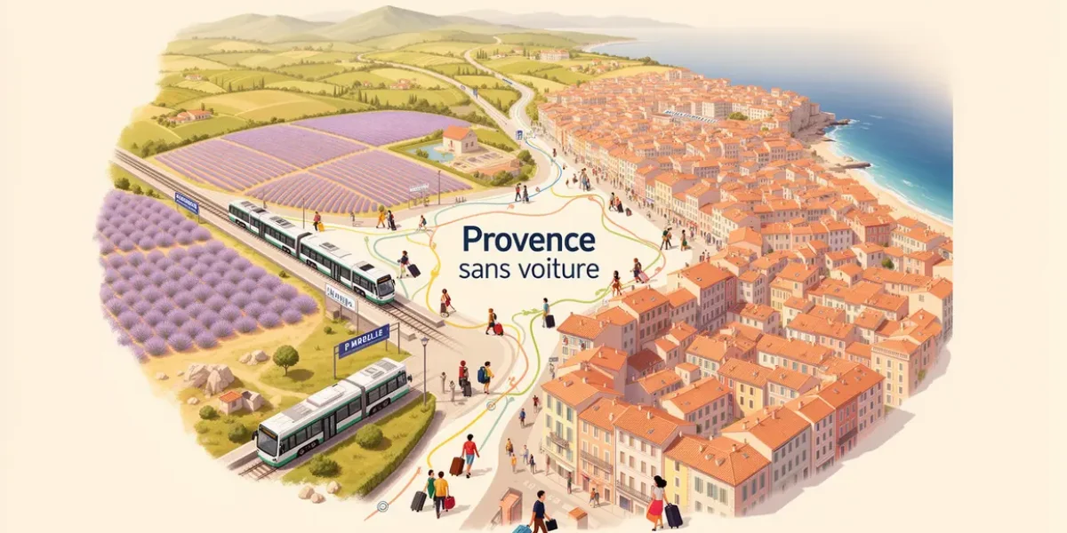 Carte stylisée Provence sans voiture, mobilité, paysages et gares