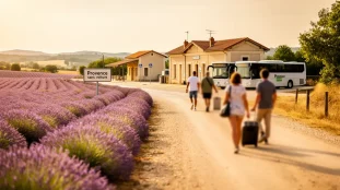 Paysage Provence sans voiture avec lavande gares bus voyageurs