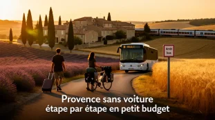Scène Provence sans voiture avec voyageurs, vélo, bus, train et paysages typiques