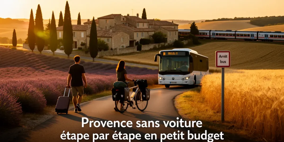 Scène Provence sans voiture avec voyageurs, vélo, bus, train et paysages typiques