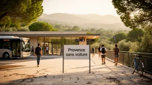 Scène d'une gare provençale moderne avec bus et vélo, Provence sans voiture