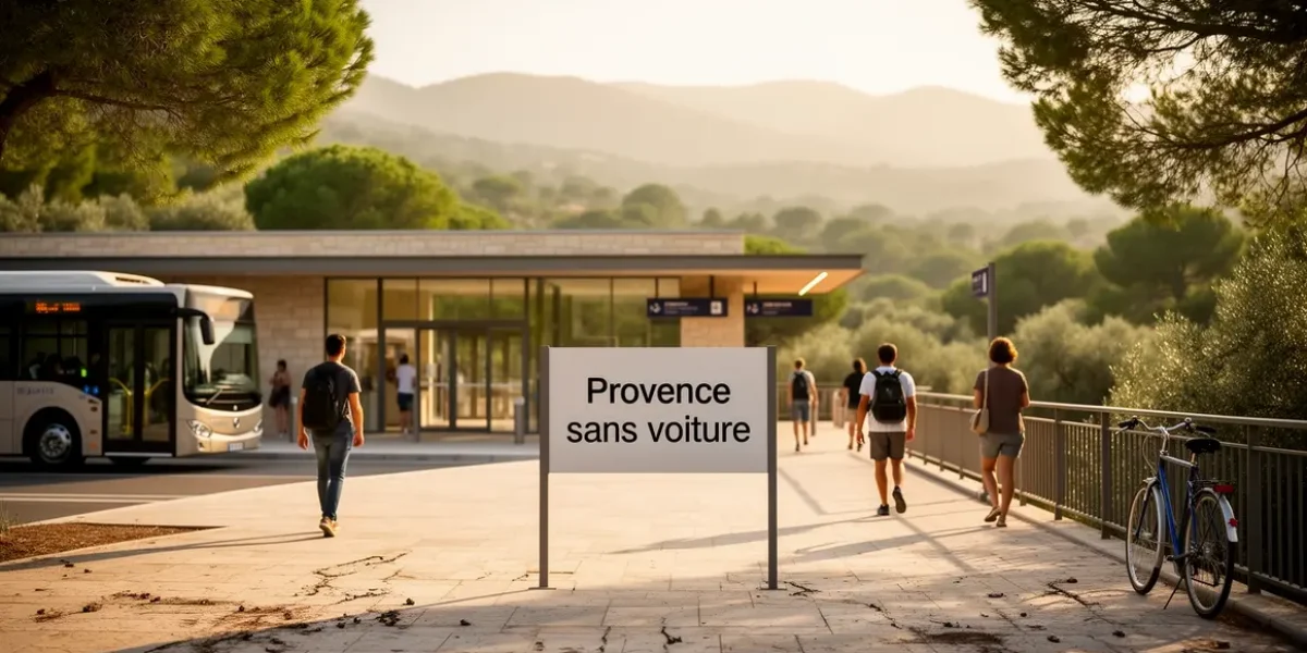 Scène d'une gare provençale moderne avec bus et vélo, Provence sans voiture