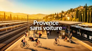 Vue d'une gare Provence sans voiture avec trains, bus, cyclistes