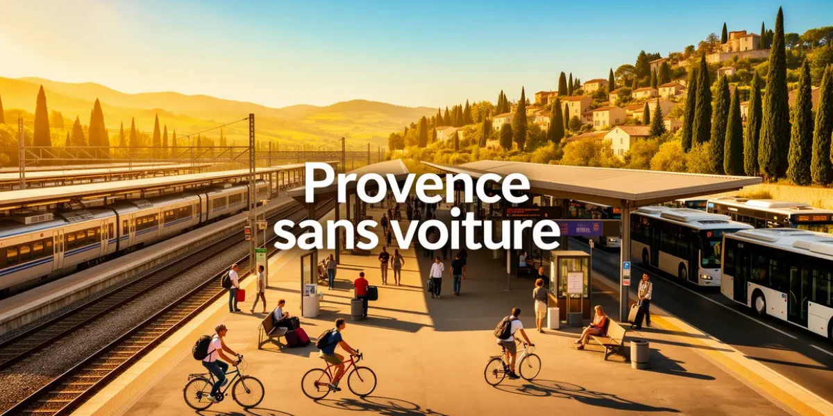 Vue d'une gare Provence sans voiture avec trains, bus, cyclistes