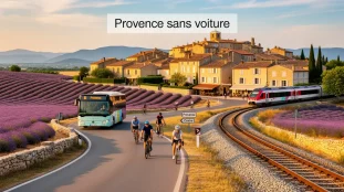 Panorama Provence sans voiture champs lavande train bus vélo