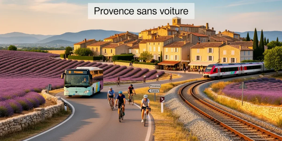 Panorama Provence sans voiture champs lavande train bus vélo
