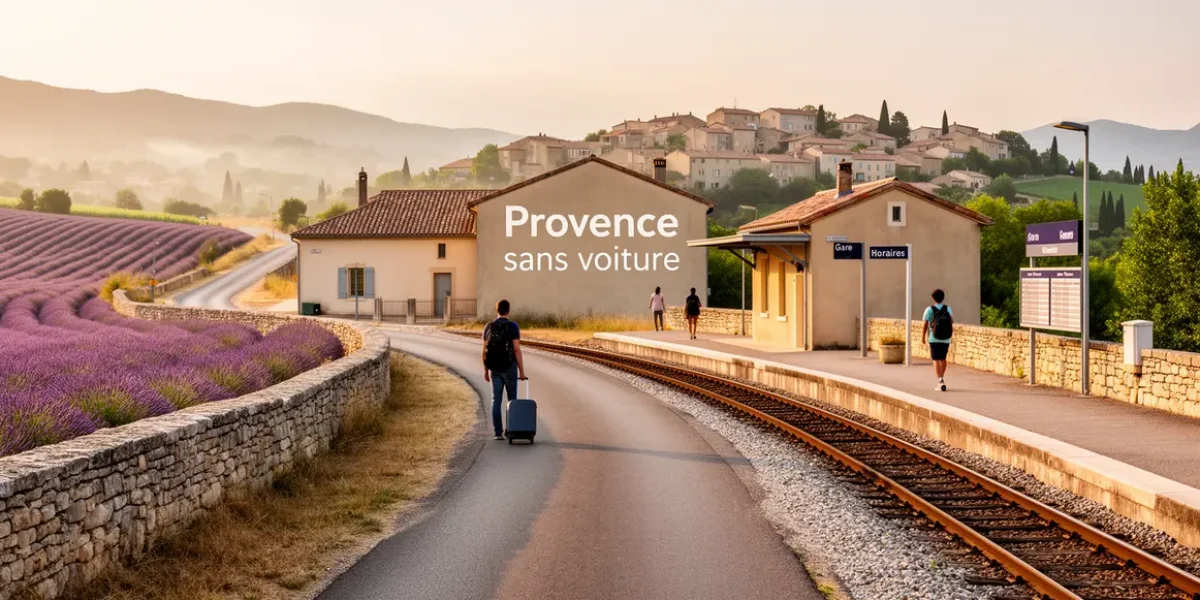 Paysage Provence sans voiture, gares et voyageurs stylisés