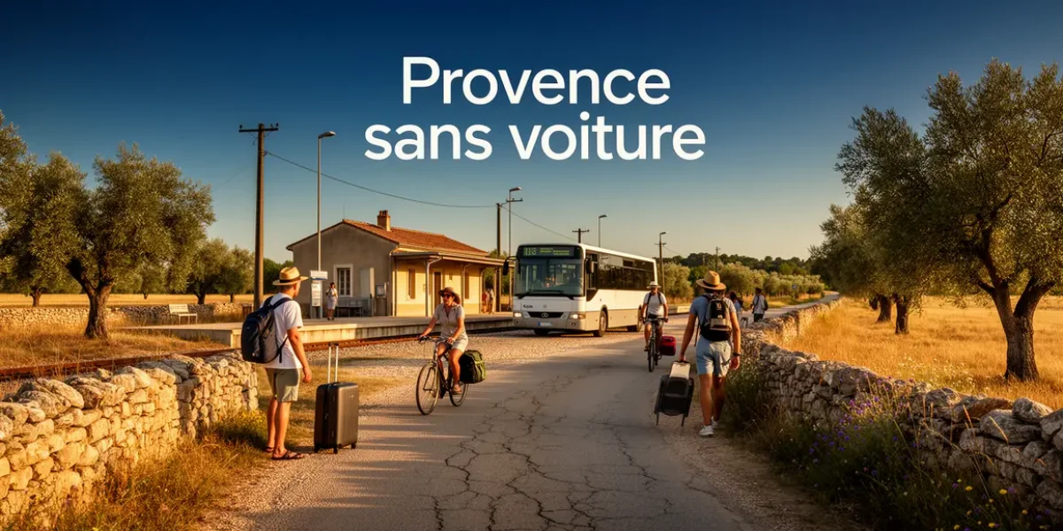 Paysage Provence sans voiture, gares rurales, voyageurs, bus, cyclistes