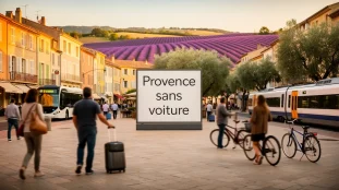 Scène provençale car-free avec valises, vélo, bus, train et lavande