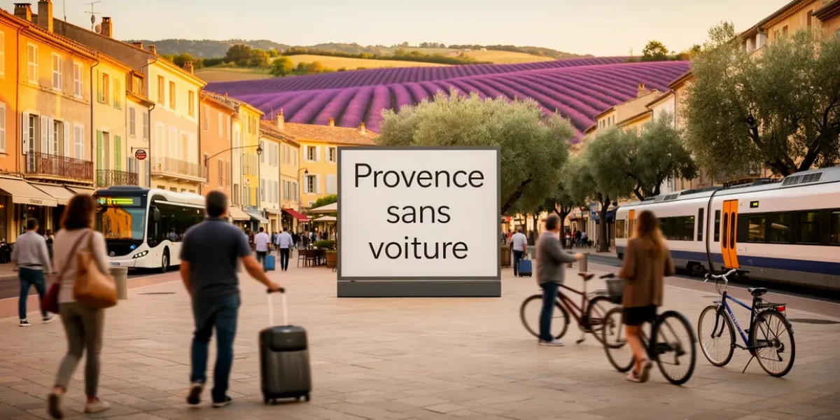 Scène provençale car-free avec valises, vélo, bus, train et lavande