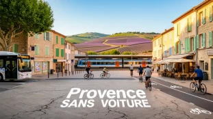 Panorama Provence sans voiture, place animée, transports et cyclistes