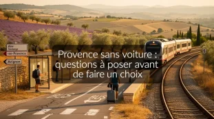 Paysage Provence, bus, train, voyageurs, panneau directions, texte central