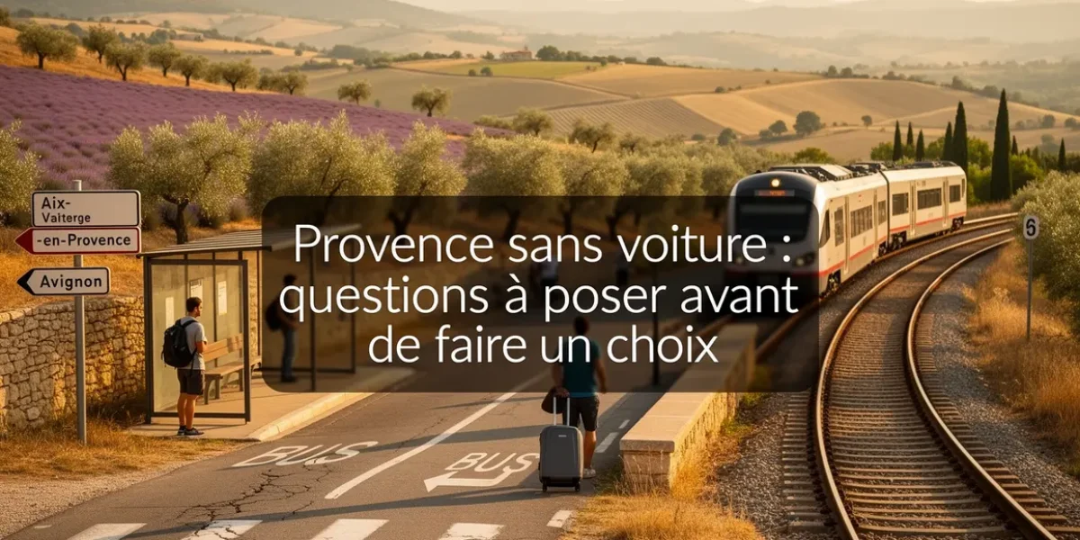 Paysage Provence, bus, train, voyageurs, panneau directions, texte central