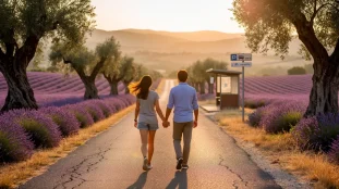 couple marche provence route lavande panneau bus
