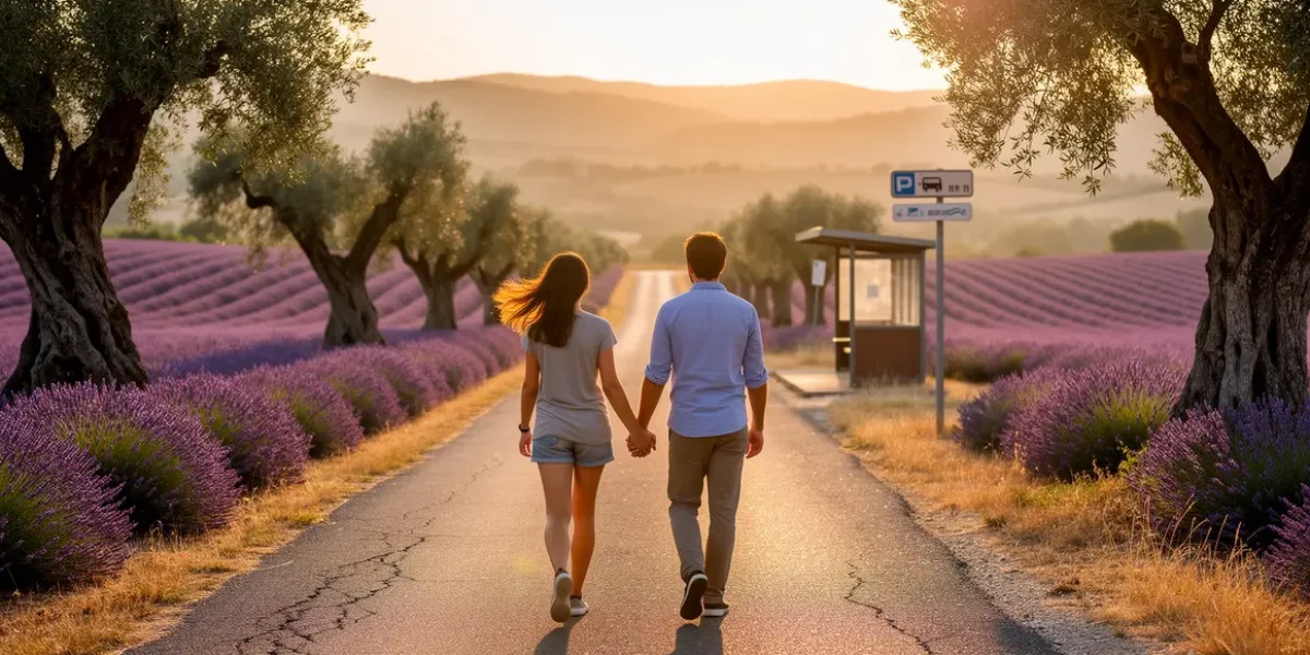 couple marche provence route lavande panneau bus