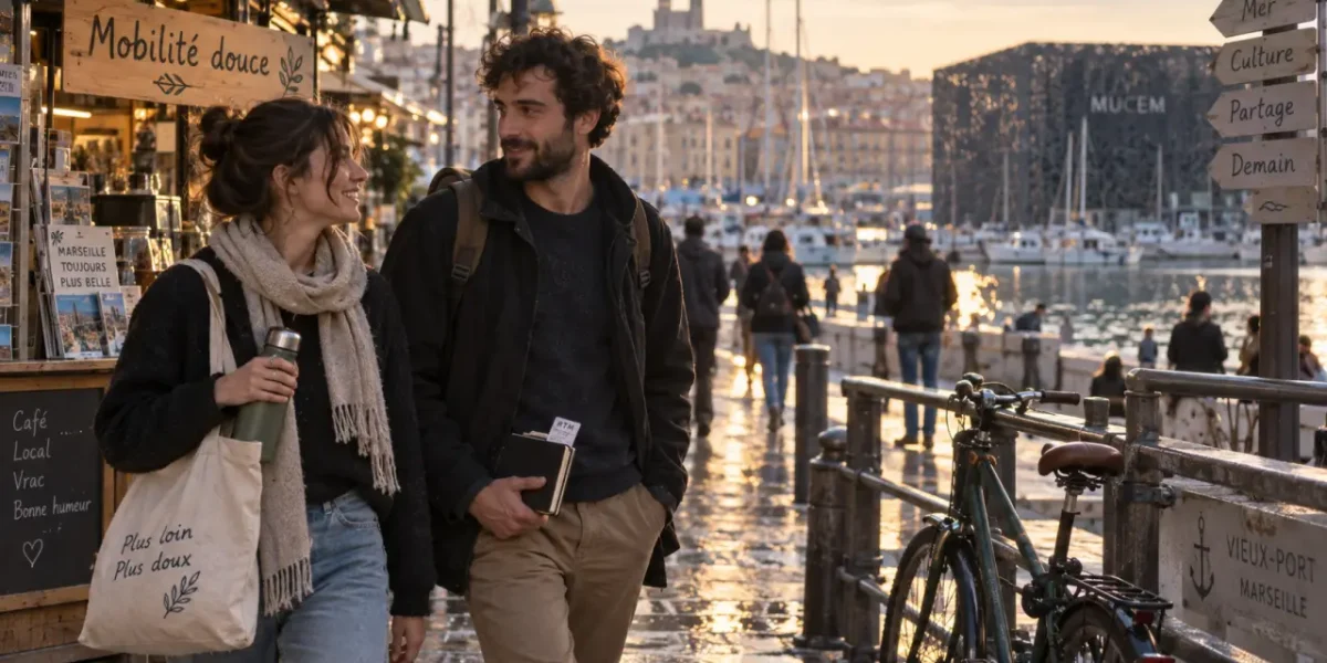 Tourisme durable marseille : couple à vélo près du Vieux-Port, mobilité douce