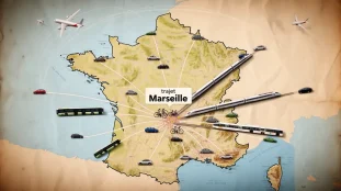 Carte France vue du ciel avec transports vers Marseille