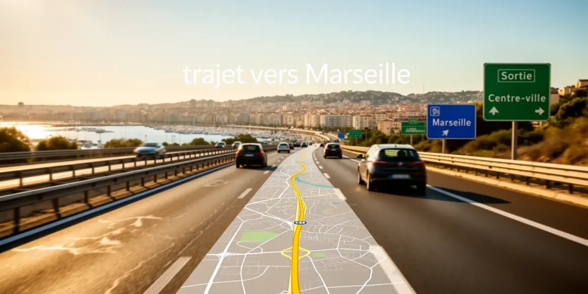 Photo d'autoroute vers Marseille, carte routiere, voitures, soleil
