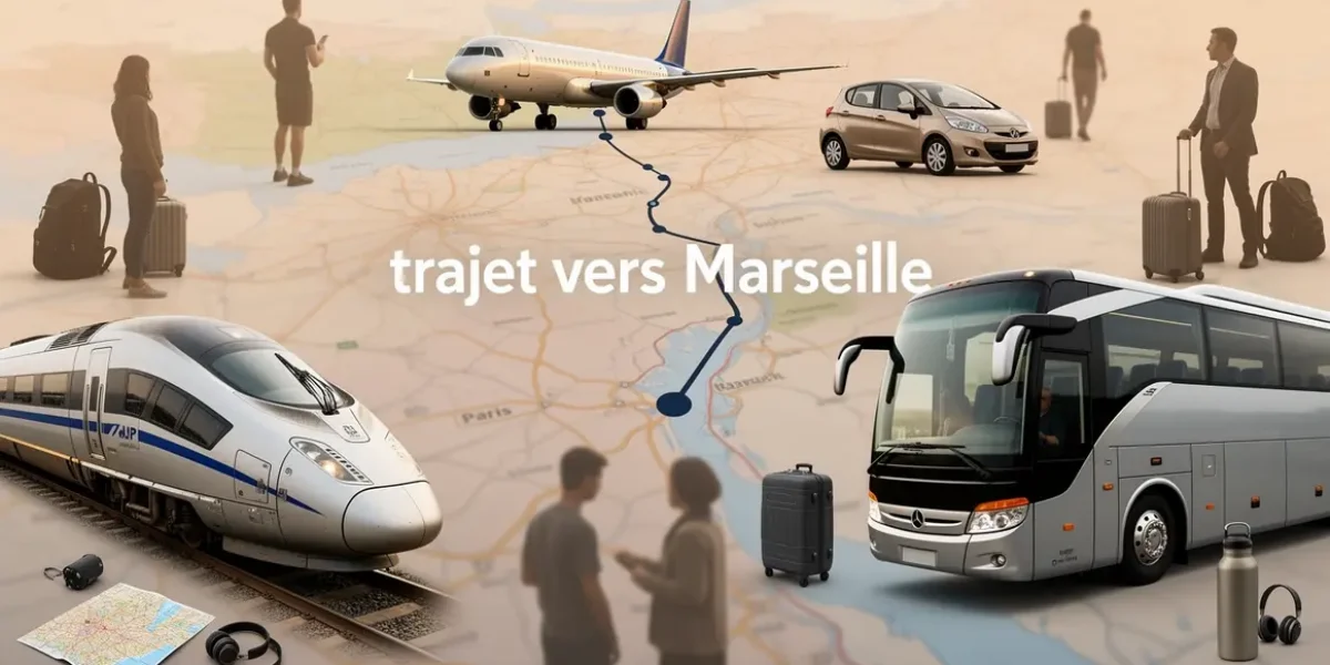 trajet vers marseille carte transports silhouettes voyageurs bagages