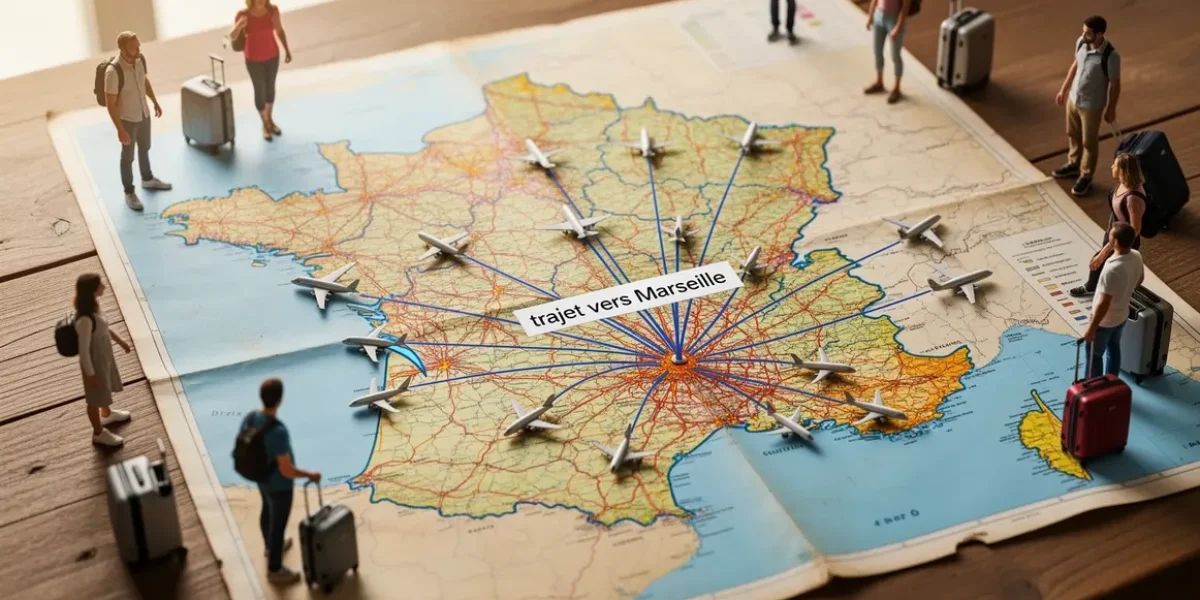 Carte France avec trajets vers Marseille navette, train, bus