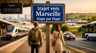 couple devant panneau, moyens de transport Marseille
